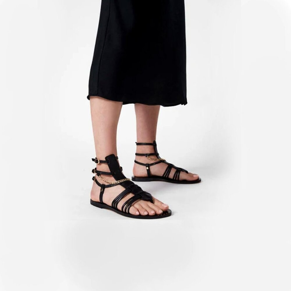 All Saints Sandals Size 6.5 Summer Sandals Gelda Black Flats Beach Travel Luxury